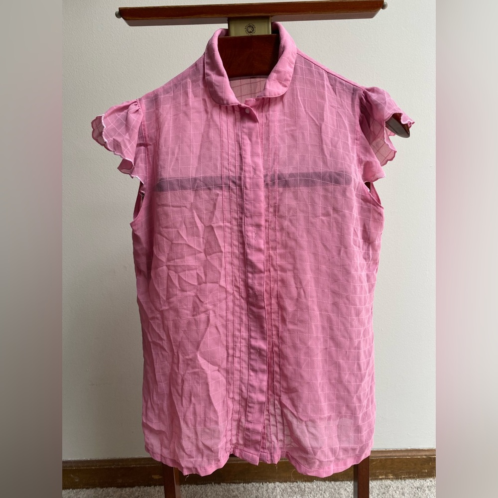 Pink sheer collared button up tank top blouse